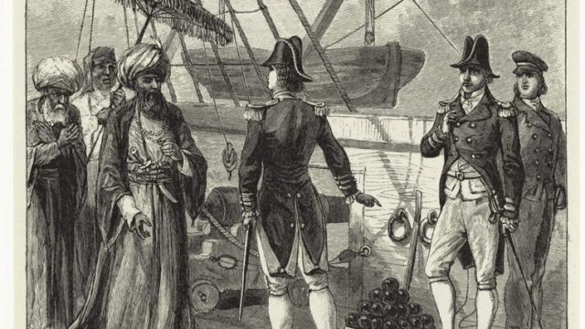 Illustration of diplomats and barbary pirates from 1881