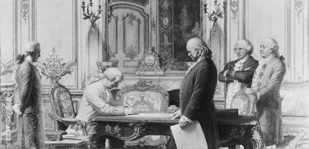 A depiction of American diplomats during the signing of the treaties with France.