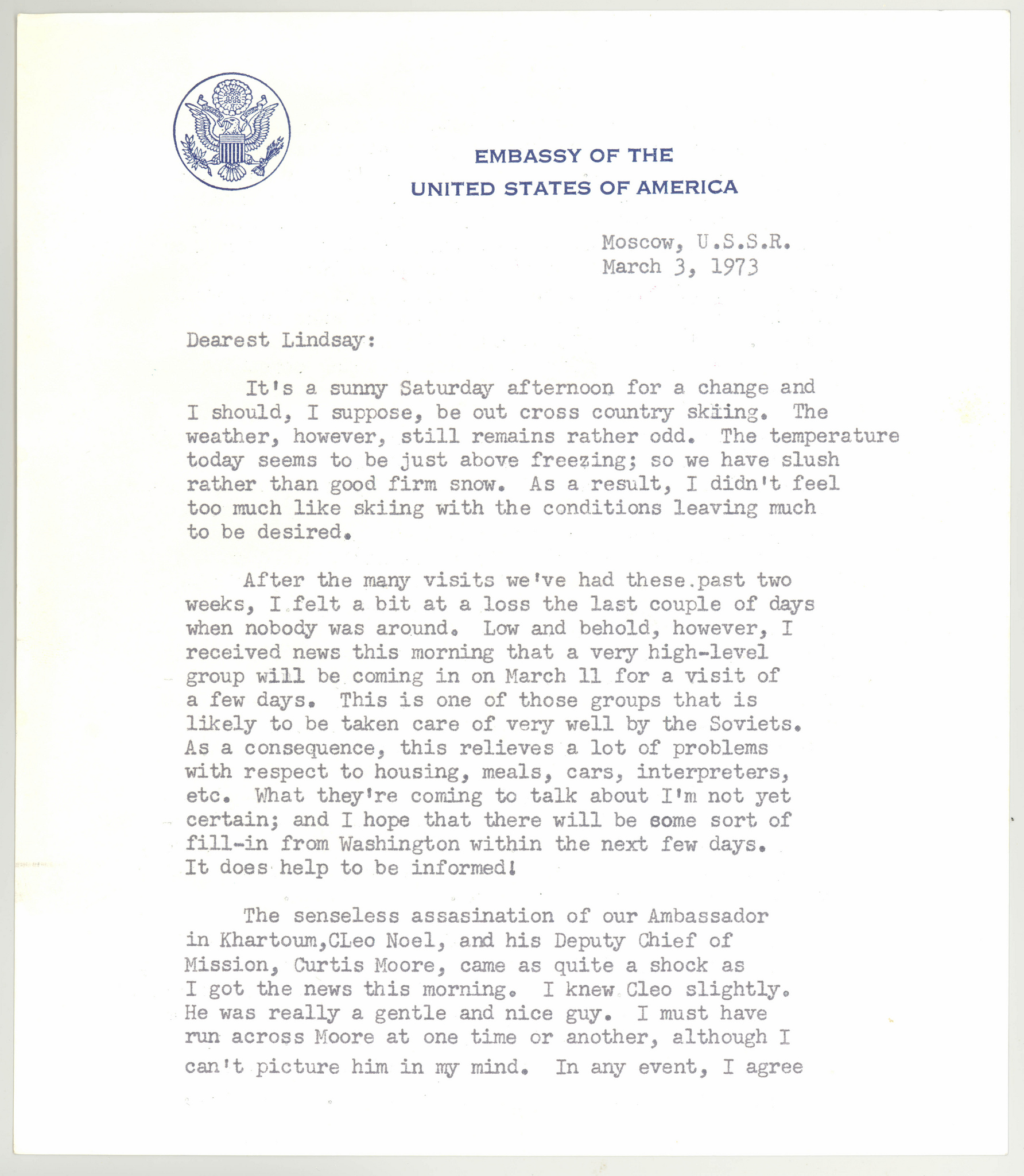 Letter from Ambassador Adolph Dubs to his daughter Lindsay March 3, 1973. This letter was donated to the Diplomacy Center from Letter from Lindsay in 2018.