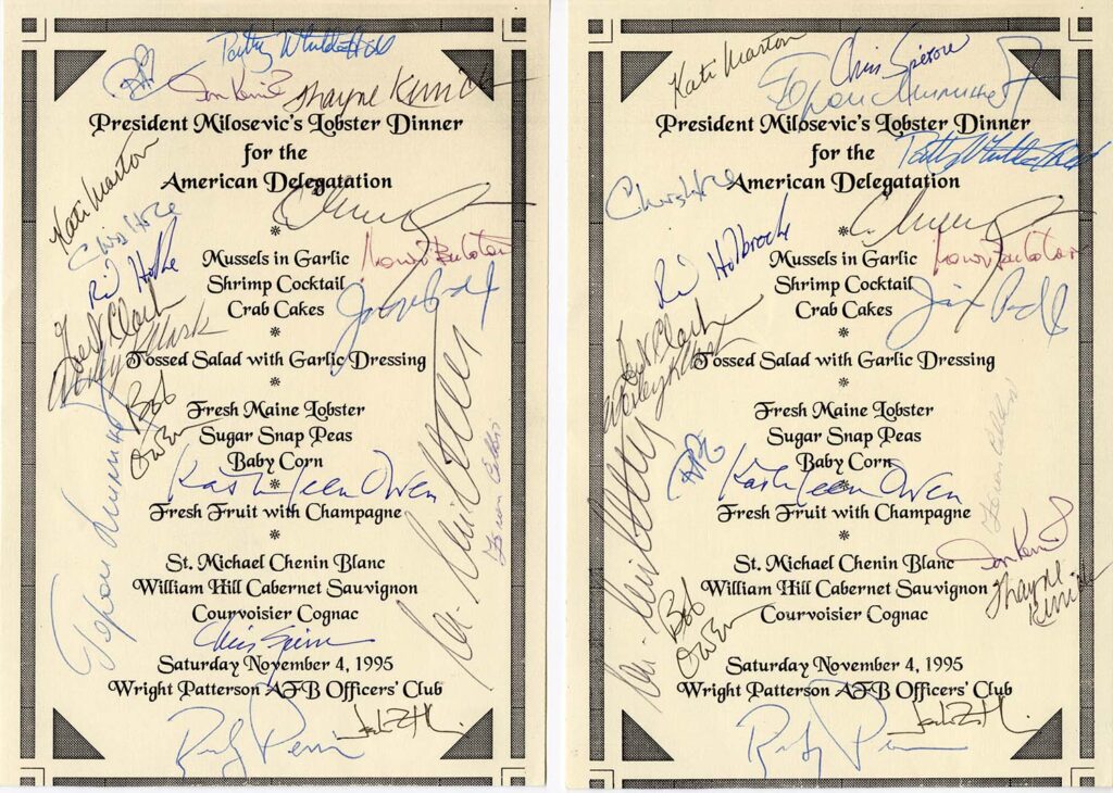 A menu from Milosevic Lobster Dinner signed by the parties