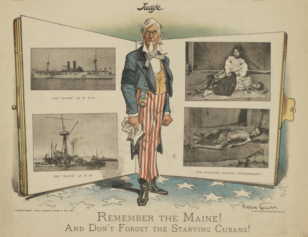 Political Cartoon by Victor Gillam with caption "Remember the Maine! And Don't Forget the Starving Cubans!"