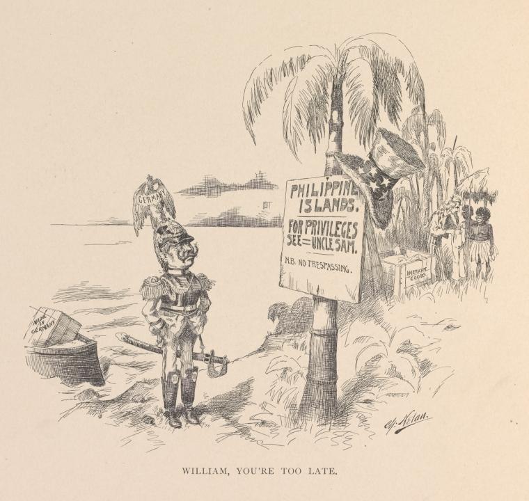 Political cartoon from 1898 by Charles Nelan showing solider on the beach in the Phillipines with caption "William You're Too Late"