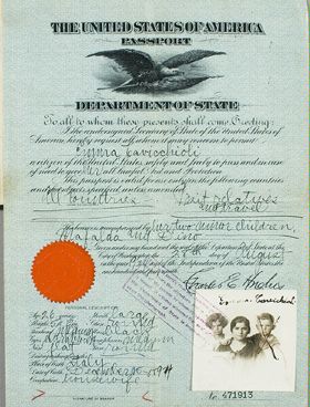 An old document with the heading, "The united States of America, Passport, Department of State. The document shows biographical information, a photograph and an orange seal.