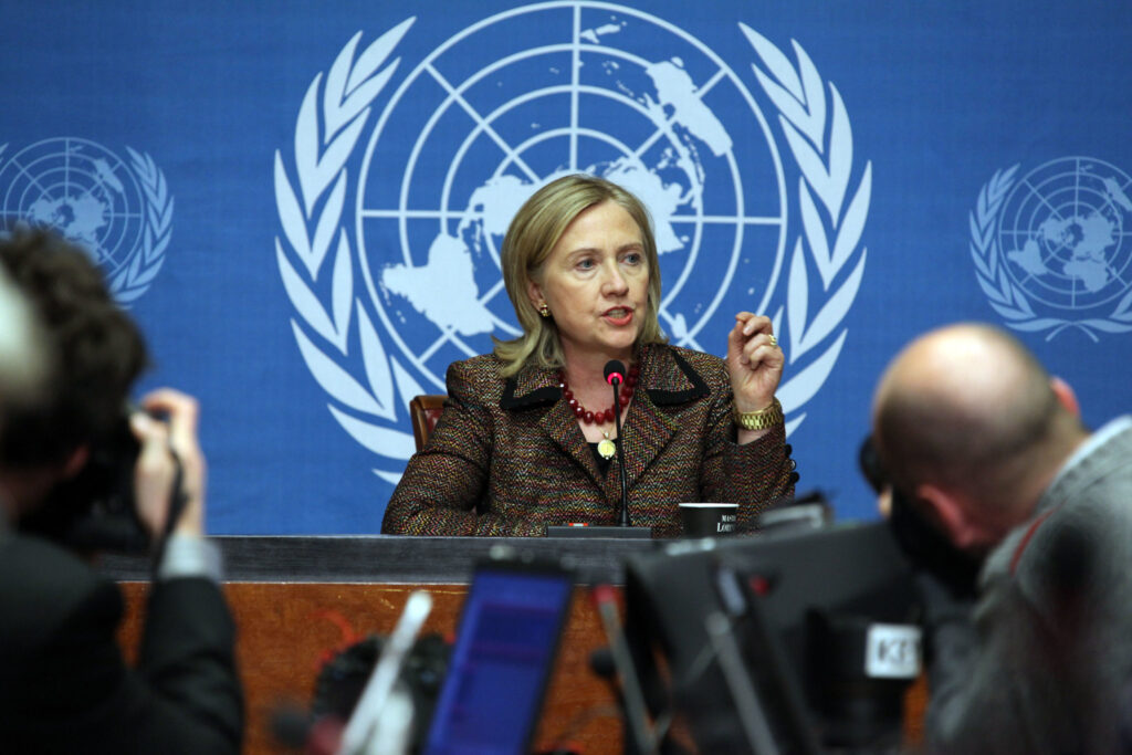 Secretary Clinton speaks at a press conference at the United Nations Office