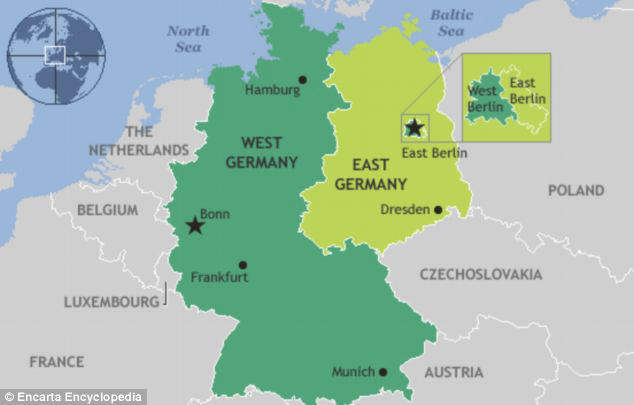 Un mapa de Alemania Oriental y Occidental
