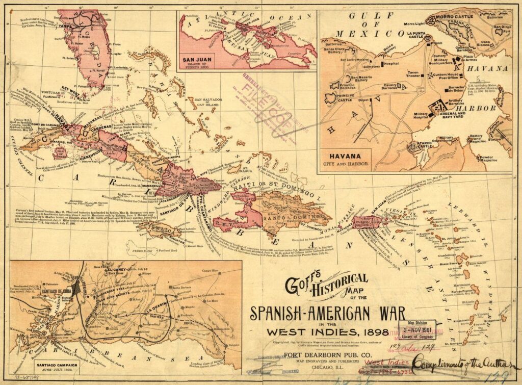 Illustrated map of the Spanish-American war in the West Indies by cartographers Eugenia A. Wheeler Goff and Henry Slade Goff.