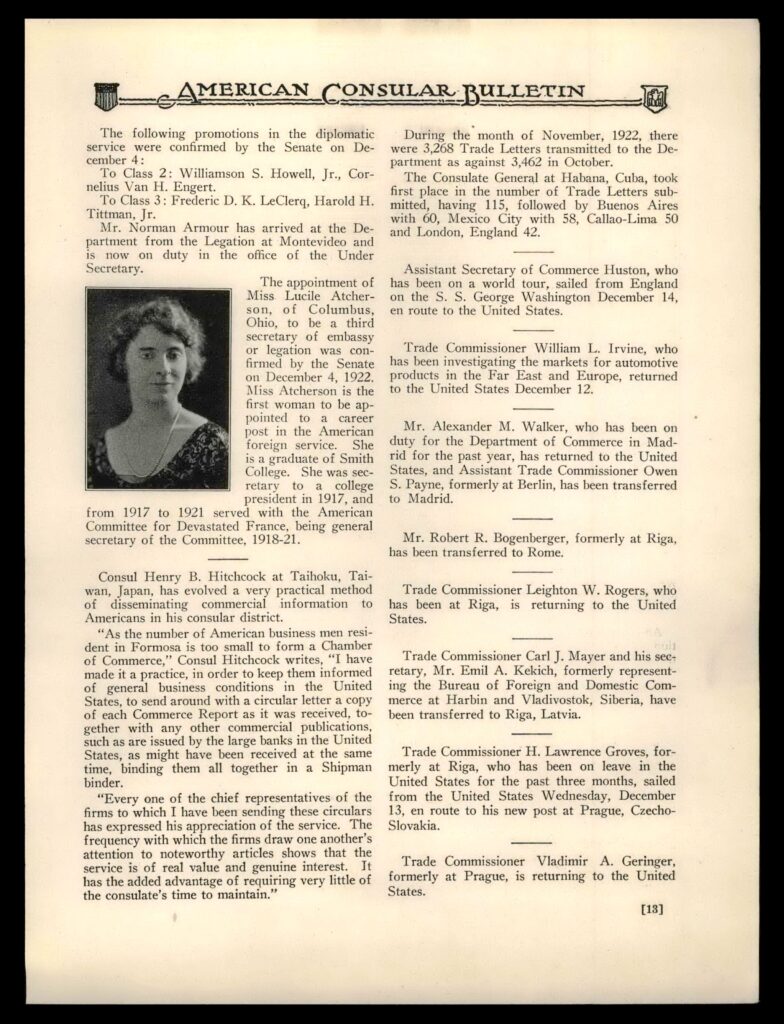 Page in the American Consular Bulletin detailing the appointment of Lucile Atcherson to the foreign service.