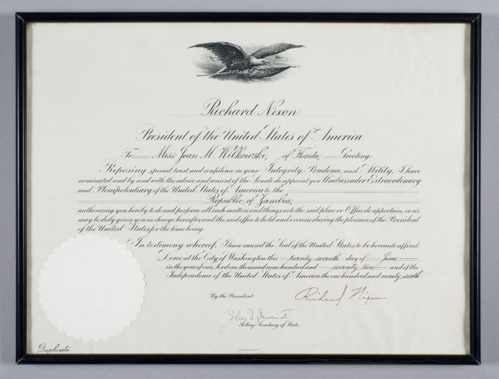 Framed, printed commission from Richard Nixon appointing Jean Wilkowski ambassador to 