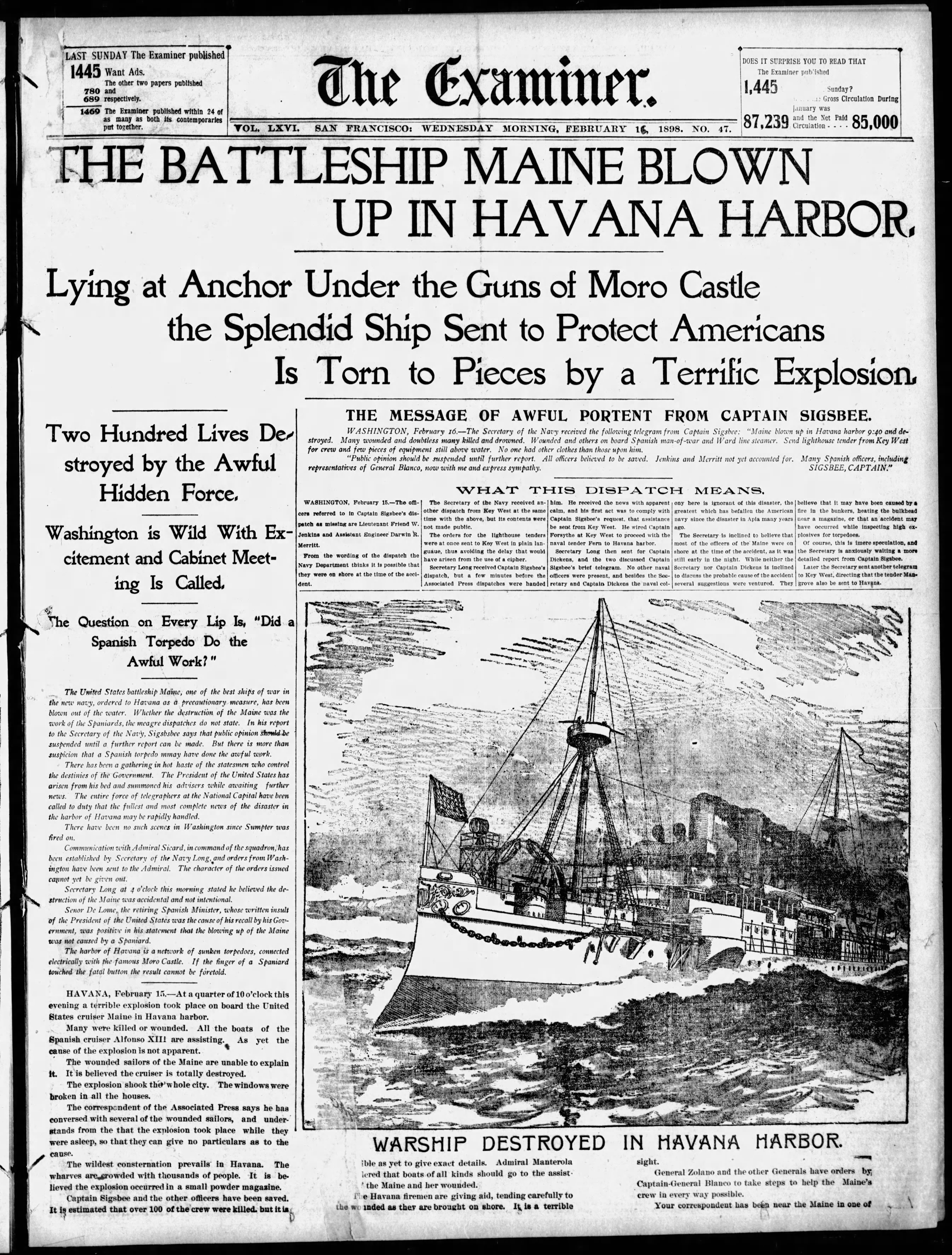 Front page of the San Francisco Examiner dated Feb 16 1898 with headline "The Battleship Maine Blown Up in Havana Harbor"