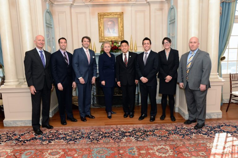 glifaa Board of 2012-2013 with Secretary Hillary Clinton. From left to right: John Wiecking, Michael Konstantino, Kenneth Andrew, Secretary Hillary Clinton, David Kim, Jessica Teickenson, and Alex Hardin.