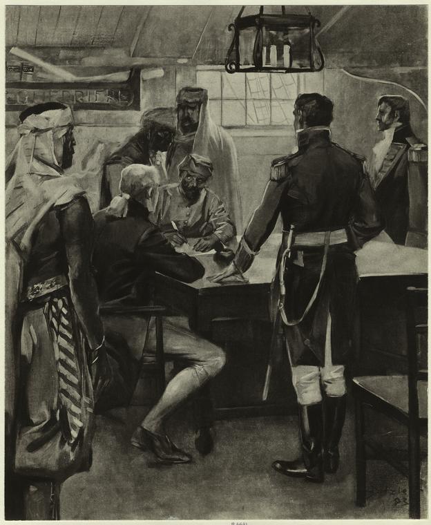 Illustration from 1805 depicting the Commandant and warrant officers attending the signing of the treaty by the Dey of Algeria.
