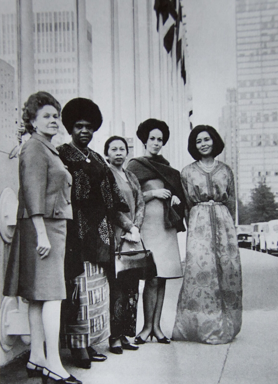 A group of women Ambassadors stand outside the UN