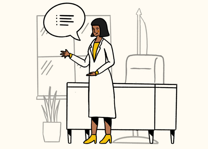 Illustration of a person standing in front of a desk