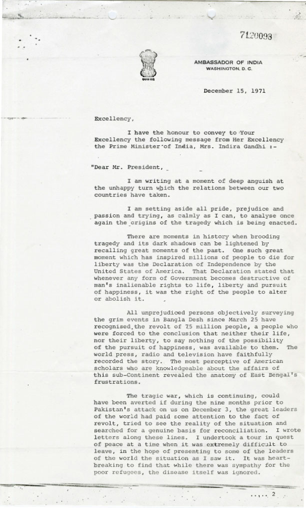 India’s Prime Minister Indira Gandhi wrote to President Richard Nixon, criticizing his administration for not intervening in the conflict in Bangladesh. In her letter, she quoted the U.S. Declaration of Independence. (Richard Nixon Presidential Library and Museum.