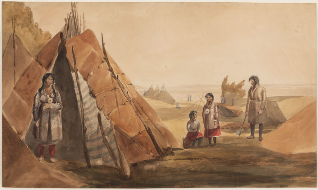 Watercolor painting of a Mi’kmaq family and encampment at Point Levis, Quebec