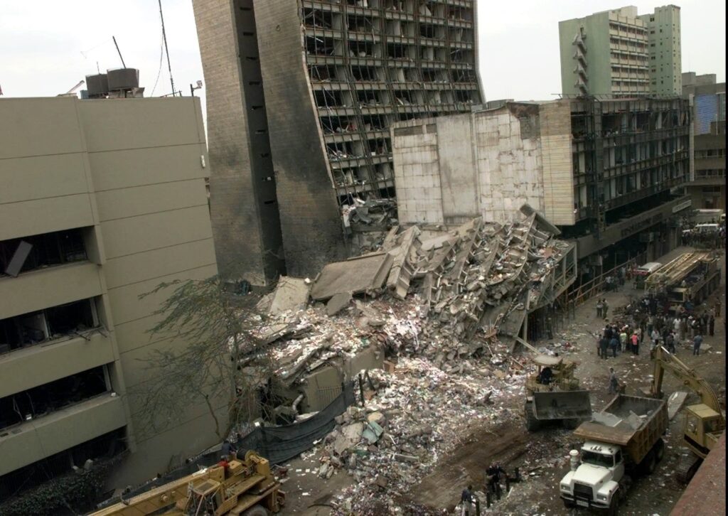A collapsed building next to the U.S. Embassy in Nairobi, Kenya