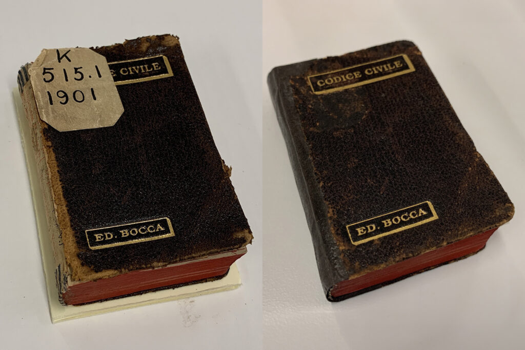 Before and after of a tattered Codice Civile book