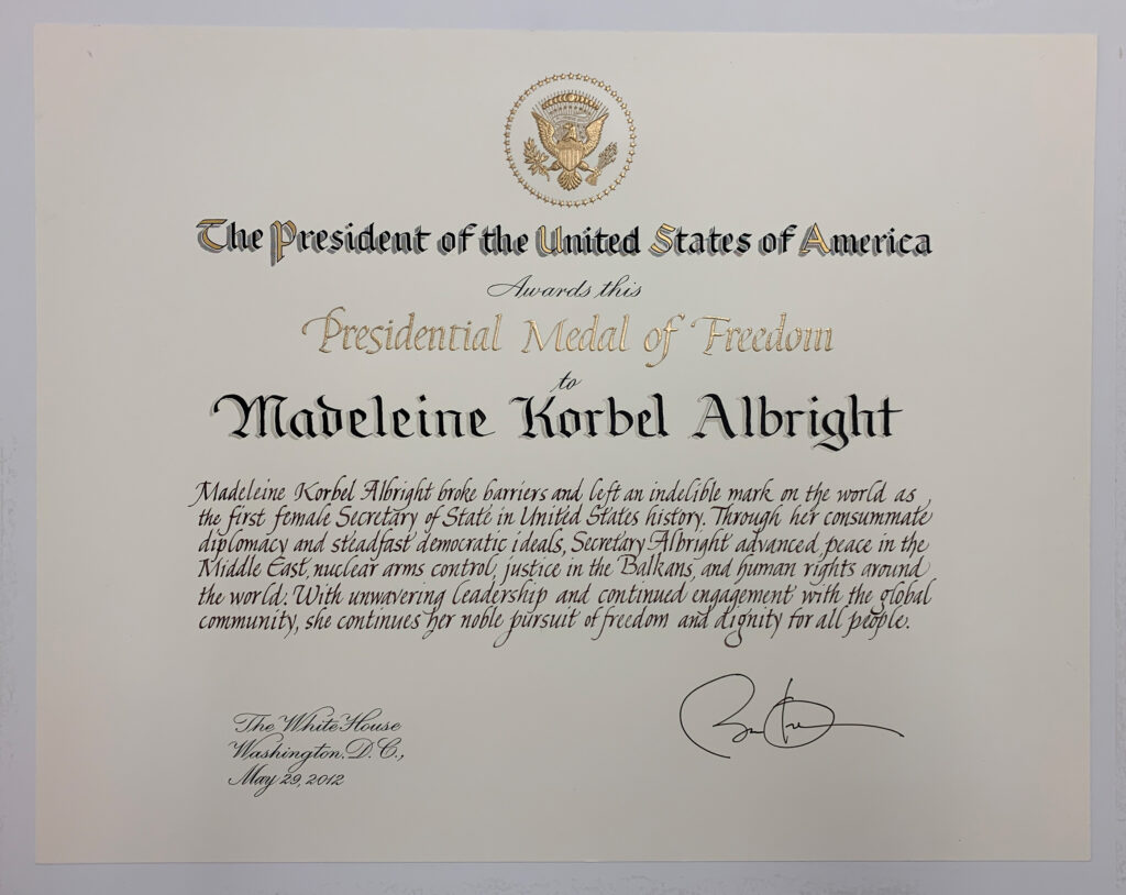 albright's medal of freedom certificate