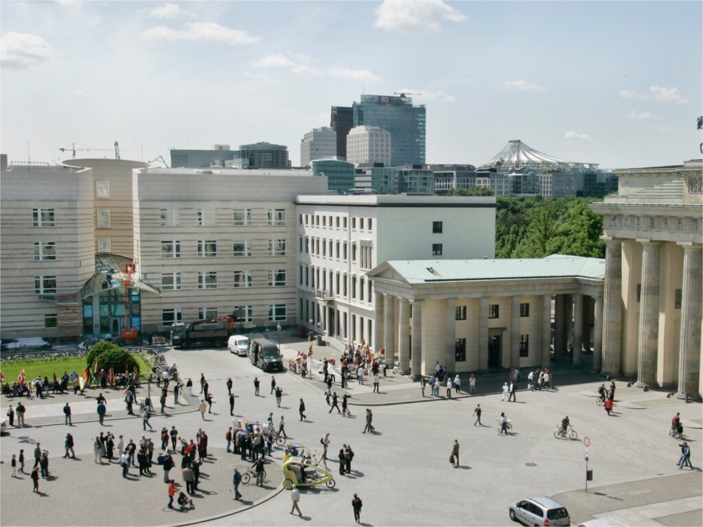 A view of the new U.S. embassy, left side, at the Brandenburg Gate in Berlin, Germany, taken on May 19, 2008. The embassy opened in 2008. AP photo.
