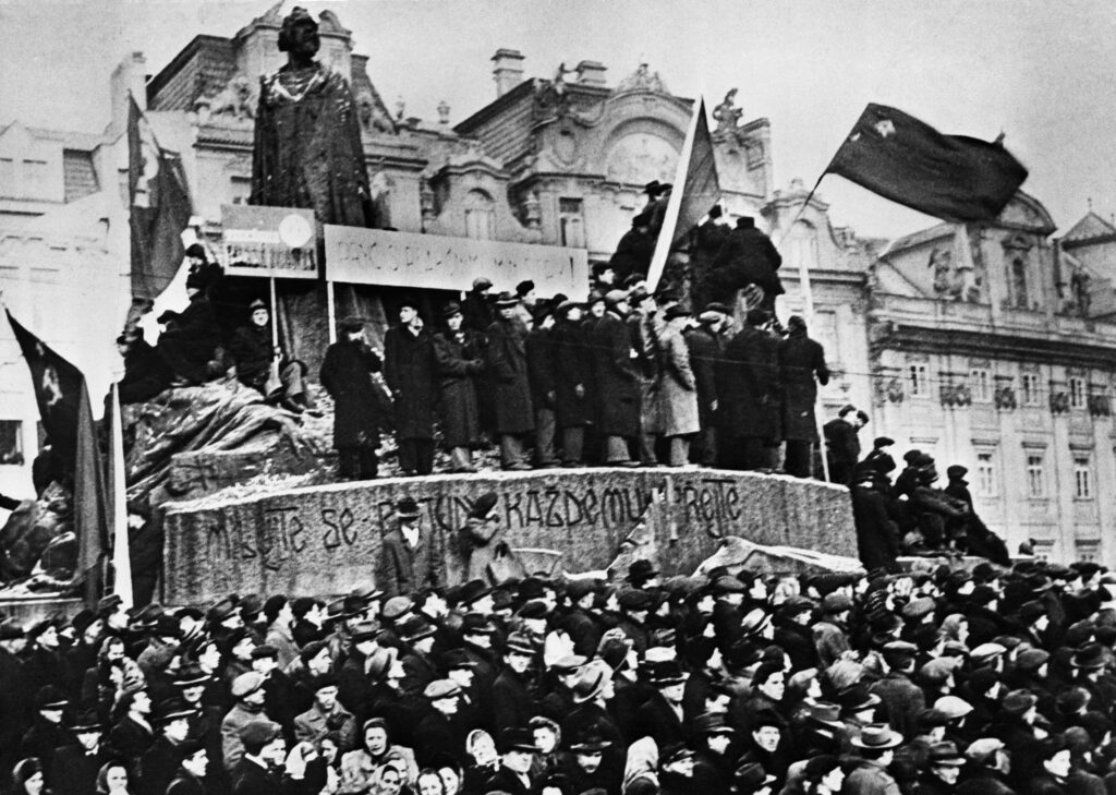 a crowd gathers in the czech republic 1948