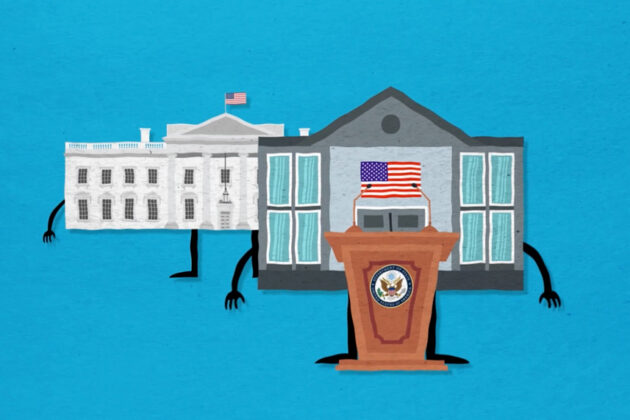 Illustration of the State Department building at a podium