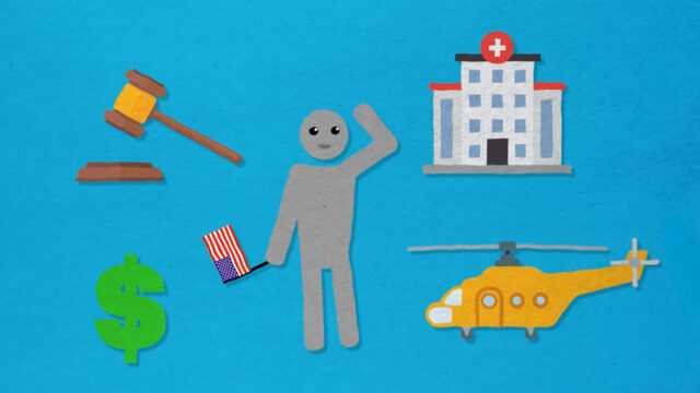 Illustration of a figure, a dollar sign, a gavel, a helicopter, and a hospital.