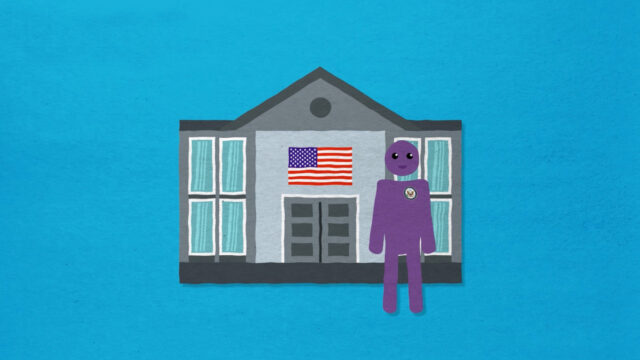 A purple figure stands in front of an embassy building illustration