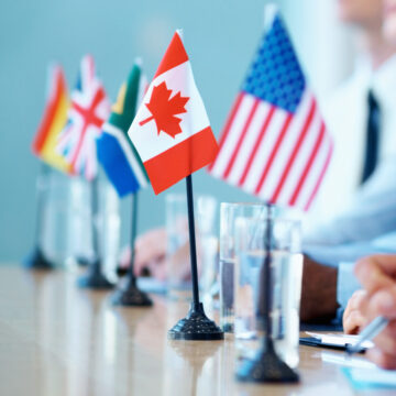 A group of flags on a table