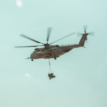 A helicopter delivering supplies