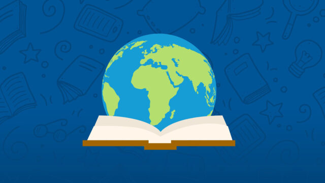 A globe on a book on a blue background