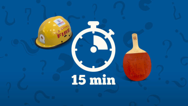 A helmet, a ping pong paddle, and a timer on a blue background