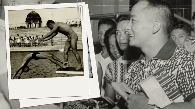 Photo of Sammy Lee shaking hands behind a photo of Sammy Lee instructing a dive