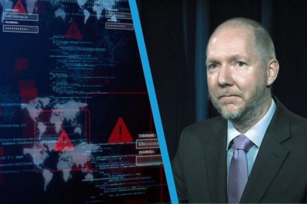 A man next an illustration of computer error messages