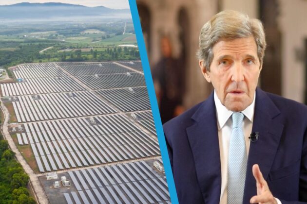 Secretary John Kerry next to an image of solar panels