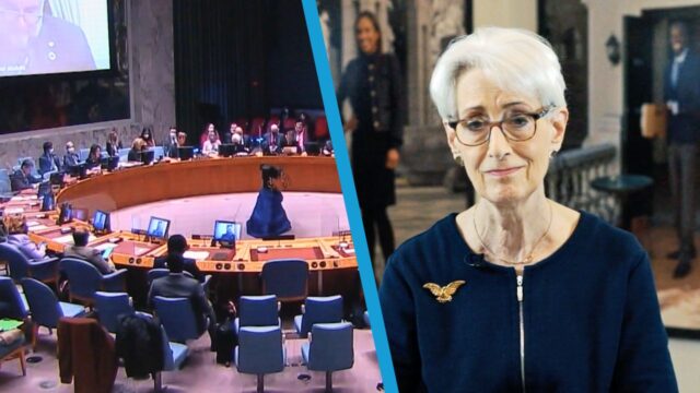 A picture of a circular negotiation table next to an image of Wendy Sherman