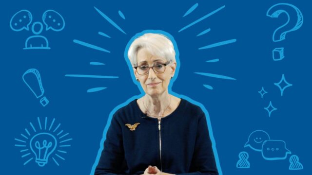 Photo of Wendy Sherman with blue decorative illustrations in the background
