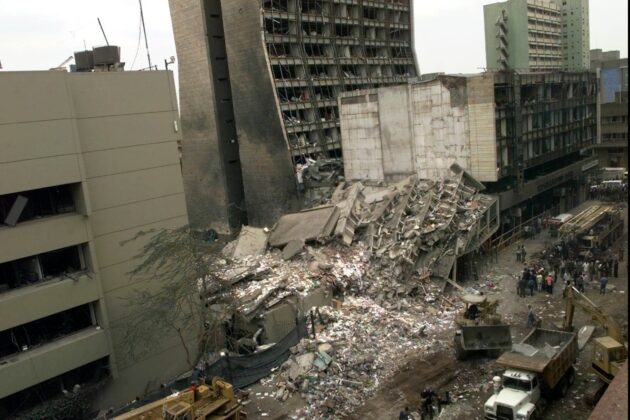A collapsed building next to the US Embassy in Nairobi