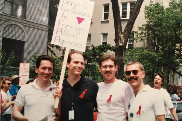 glifaa founders attend the 1992 Pride Parade in Washington, D.C. Left to right- Jan Krc, Bryan Dalton, David Larson, and David Buss.