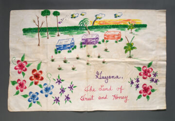 A pillowcase with decorative marker drawings.