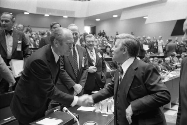 President Ford with German Chancellor Helmut Schmidt at the Conference on Security and Cooperation in Europe on July 3, 1975.