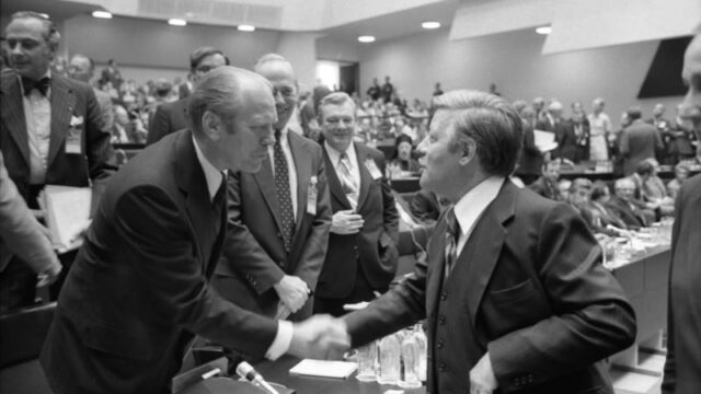 President Ford with German Chancellor Helmut Schmidt at the Conference on Security and Cooperation in Europe on July 3, 1975.