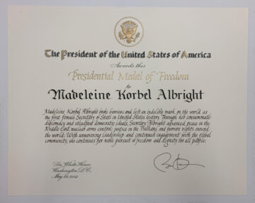 A certificate for the medal of freedom.