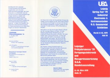 This bilingual flier announces the U.S. Information Agency's contribution to and participation in the Leipzig Fair.