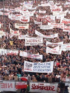 Pro-Solidarity banners are held aloft by the participants of a workers’ pilgrimage in southern Poland. Solidarity was a non-communist trade union promoting a broad social agenda and free elections. The slogans read: “Bread of Freedom - Solidarnosc (Solidarity)” or “Can We? We Can. Polish Perestroika.” September 18, 1988. AP photo.