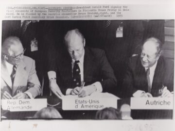 Signers of the 1975 Helsinki Accords in Finland include East German General Secretary Erich Honecker (left), U.S. President Gerald Ford (center) and Austrian Chancellor Bruno Kreisky (right).