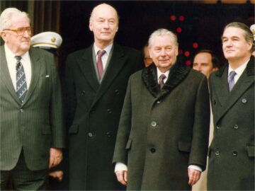 The four Allied ambassadors to West Germany in Berlin convened in 1989 at the Allied Control Council Headquarters (Kommandatura) to discuss the city’s future. From left to right are: Vernon Walters (U.S.), Sir Christopher Mallaby (Great Britain), Wjatsheslav Kotshemassov (Soviet Union), and Serge Boidevais (France).