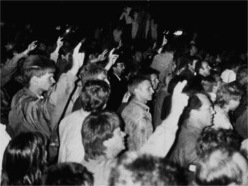 East German protestors showing the victory sign during a demonstration in the city of Leipzig, October 2, 1989.