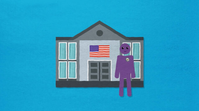Una figura morada parada frente a una ilustración del edificio de una embajada