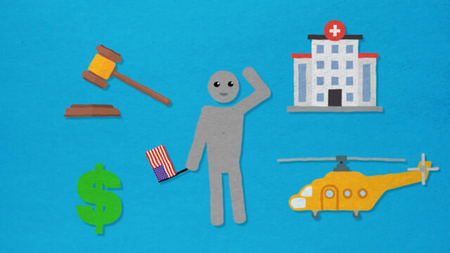 Ilustración de una figura, un signo de dólar, un mazo, un helicóptero y un hospital.|Ilustración de una figura, un signo de dólar, un mazo, un helicóptero y un hospital.