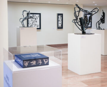 an exhibit with sculptures and an artist book